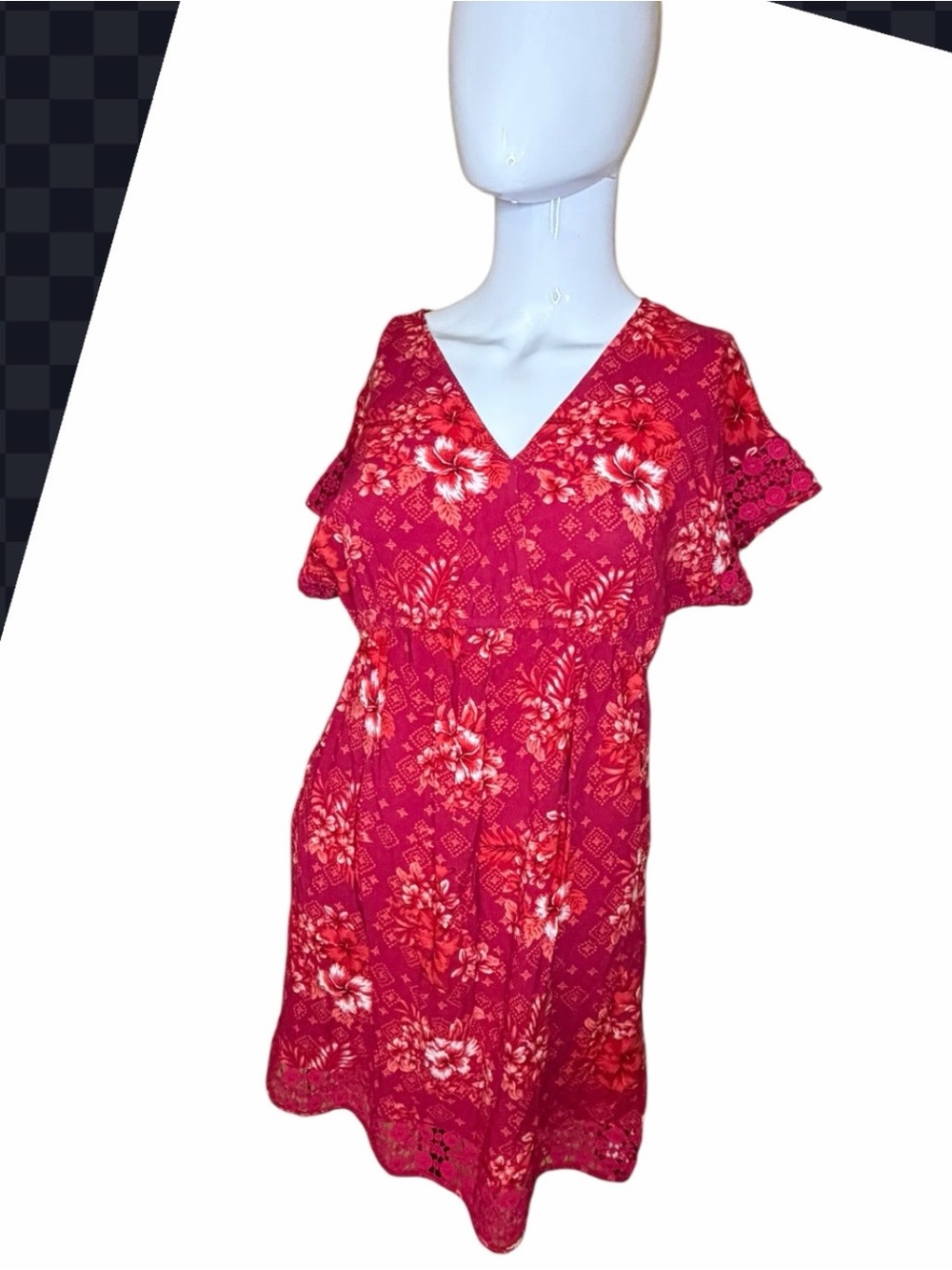 Pink Rose Red Floral V-Neck Mini Dress